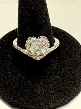 Sterling Silver Heart Halo Moissanite Ring - White